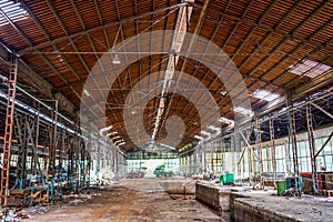 An abandoned steel frame structure automobile production workshop