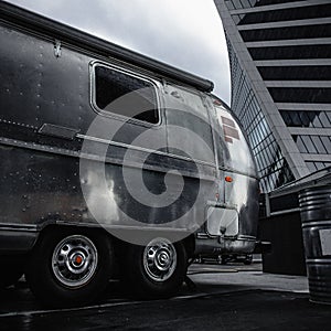 Abandoned steel trailer in the center of the metropolis