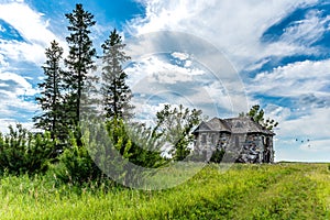 An abandoned stone house on the Saskatchewan prairies outside Abernethy, SK