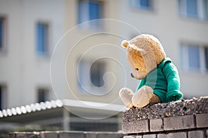 Abandoned teddy bear. Once favorite toy, now alone with no children to play with photo
