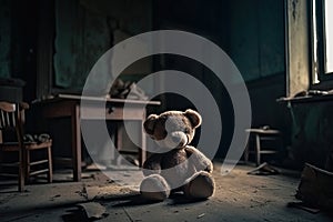 Abandoned teddy bear sit alone in a room for child abuse or loneliness concept created by AI