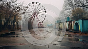 Abandoned Theme Park: A Post-apocalyptic Amusement Wheel On A Wet Road