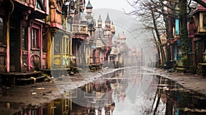 Abandoned Theme Park: Wooden Houses In The Style Of Matthias Haker And Misty Gothic Scenes