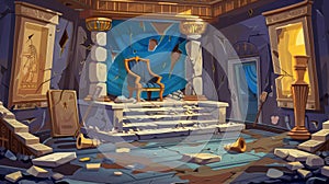 An abandoned throne hall in an ancient Egyptian kingdom inside a cartoon. Broken palace architecture with a seat, stairs