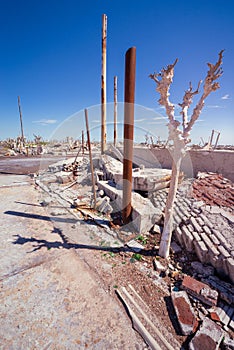 Abandoned town. City abandoned by a flood, in Epecuen ghost town. Dead trees in the lake with its houses in ruins. Desolate landsc