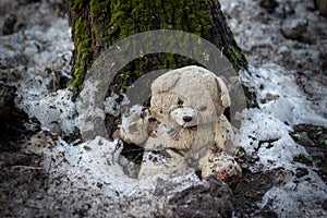 The abandoned toy bear in the melting snowdrift