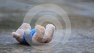 Abandoned toy bear in a puddle in the rain.