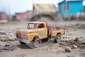abandoned toy truck on a sandy playground