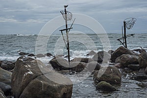 Abandoned traditional fishermen`s poles in Sri Lanka