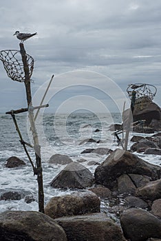 Abandoned traditional fishermen`s poles in Sri Lanka