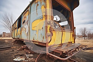 abandoned train car covered in rusting metal