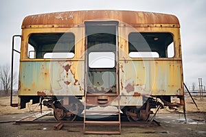 abandoned train car covered in rusting metal