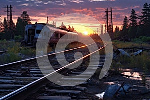 abandoned train derailment site at sunset