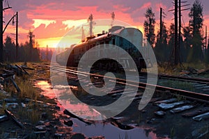 abandoned train derailment site at sunset