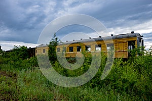 Abandoned train. Forgotten overgrown railway. Old rusty railway carriage