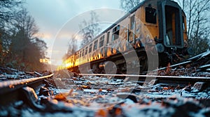 Abandoned train on the railroad at sunset. Railway station