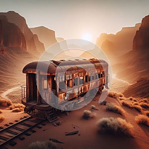 Abandoned train sits end of line in desert environment