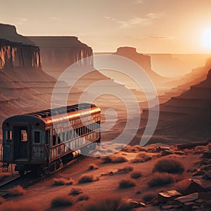 Abandoned train sits end of line in desert environment