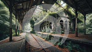 An abandoned train station consumed by overgrown vegetation