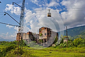 Abandoned train station, factory and cable car in Tquarchal Tkvarcheli. Abkhazia