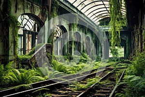 abandoned train station with overgrown tracks