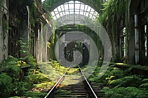 abandoned train station with overgrown tracks