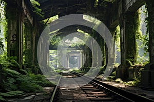 abandoned train station platform with overgrown tracks