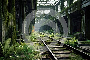 abandoned train station platform with overgrown tracks