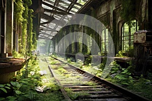 abandoned train station platform with overgrown tracks