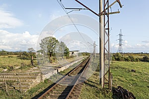 An  abandoned train station stands on an abandoned railway line near the Kutaisi city in Georgia