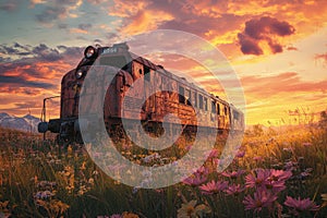 Abandoned Train at Sunset