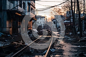 an abandoned train track in an urban area