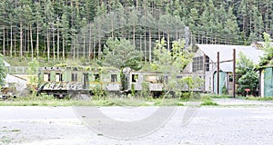 Abandoned train wagons destroyed by nature in the old Canfranc station, Huesca