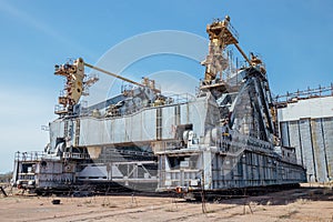 Abandoned transport and installation unit `Grasshopper` for spaceship Buran and Energy launch vehicle at cosmodrome Baikonur