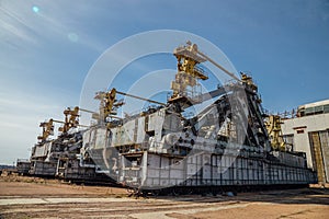 Abandoned transport and installation unit `Grasshopper` for spaceship Buran and Energy launch vehicle at cosmodrome Baikonur
