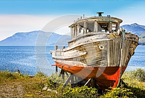 Abandoned trawler on the coast of the inside passage in Alaska