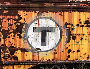 Abandoned trolley cars transit symbol close up