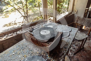 Abandoned turntable in school of ghost town Pripyat Chornobyl Zone photo