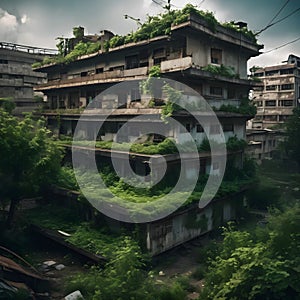 Abandoned Urban Building Overgrown with Lush Greenery