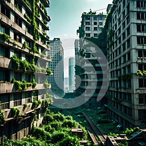 Abandoned Urban Landscape with Ivy-Covered Buildings and Train