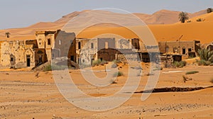 An abandoned village its buildings slowly being engulfed by the encroaching desert. The harsh living conditions caused photo
