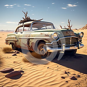 an abandoned vintage car half buried in the desert sand telling a tale of bygone adventures