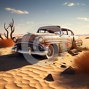 an abandoned vintage car half buried in the desert sand telling a tale of bygone adventures