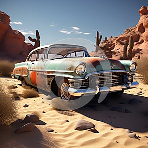 an abandoned vintage car half buried in the desert sand telling a tale of bygone adventures