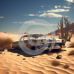 an abandoned vintage car half buried in the desert sand telling a tale of bygone adventures