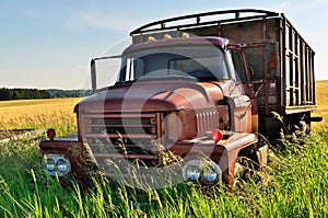 Abandoned Vintage and Rusty Truck in a Field on a Sunny Day