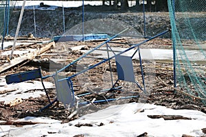 Abandoned volleyball court destroyed with the chair of the judge