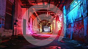 An abandoned warehouse district now inhabited by graffiti artists and neon lights casting an eerie glow over the