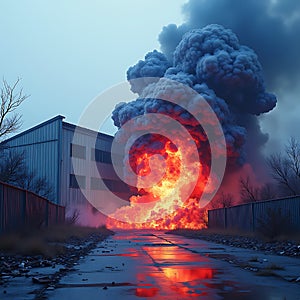 Abandoned warehouse explosion with strong impact