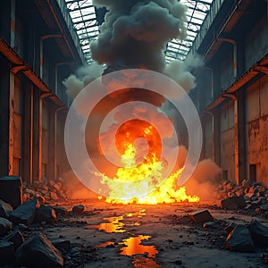Abandoned warehouse explosion with strong impact